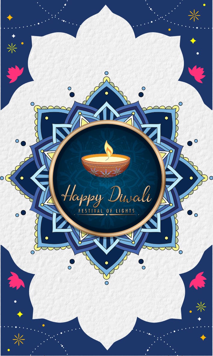 Happy Diwali card with decorative elements on a blue background