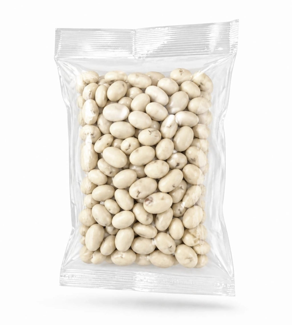 A clear plastic resealable bag filled with pale beige dried beans, shown against a clean white background.