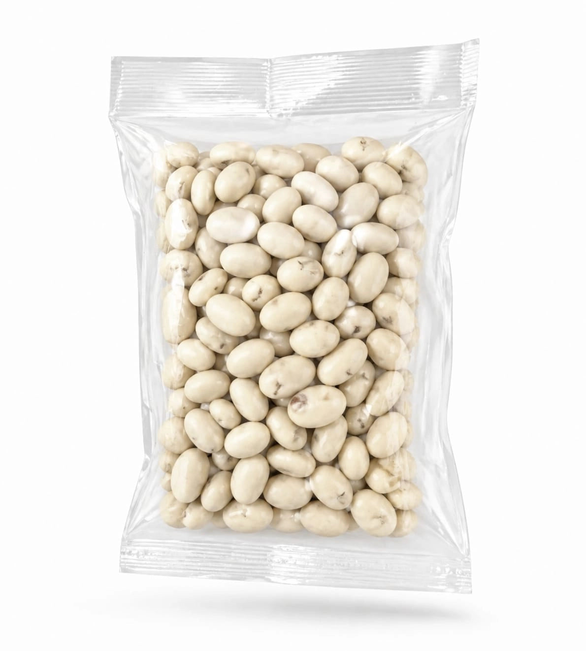 A clear plastic resealable bag filled with pale beige dried beans, shown against a clean white background.