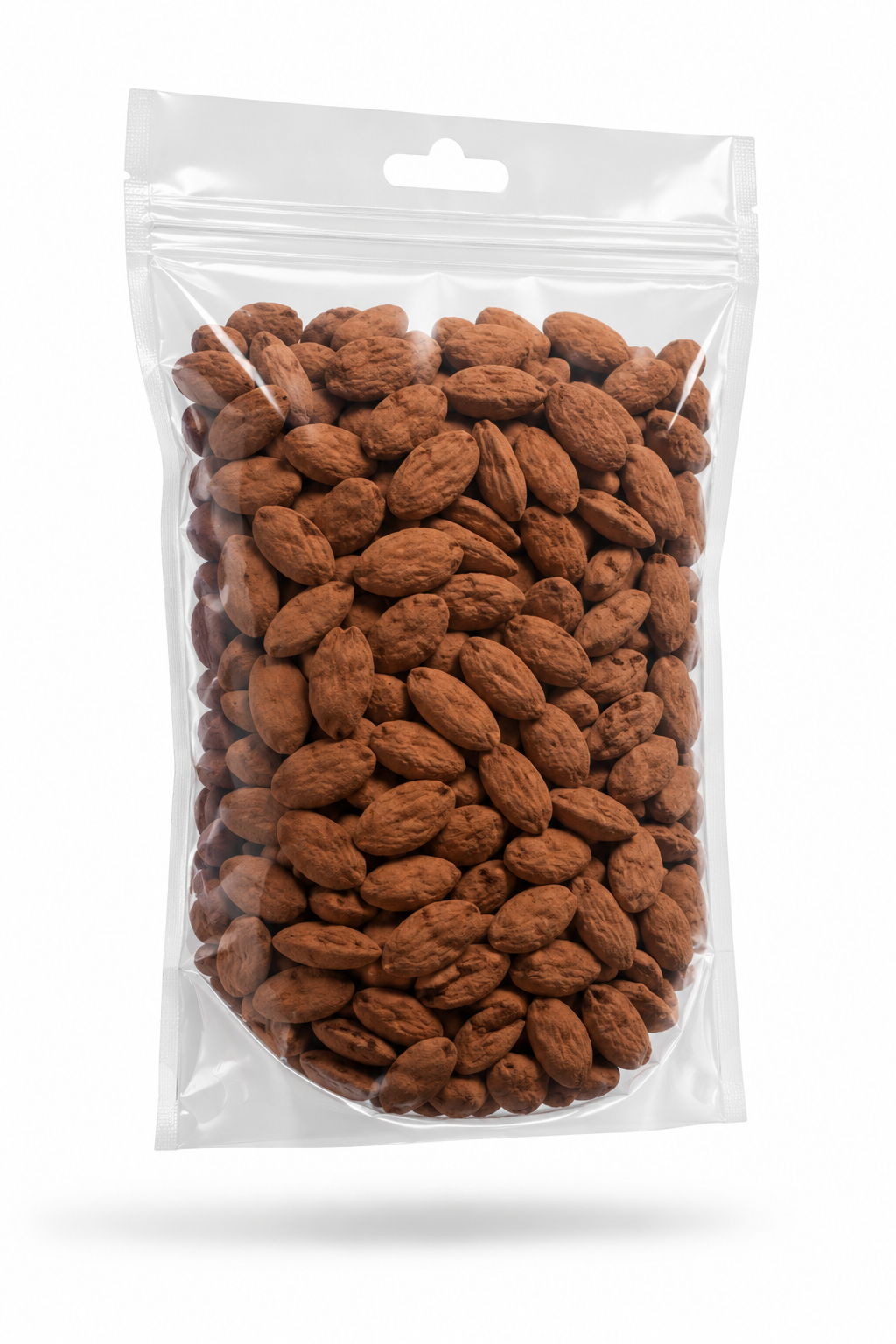 A clear plastic stand-up pouch filled with brown almonds, shown on a white background with a soft shadow underneath.