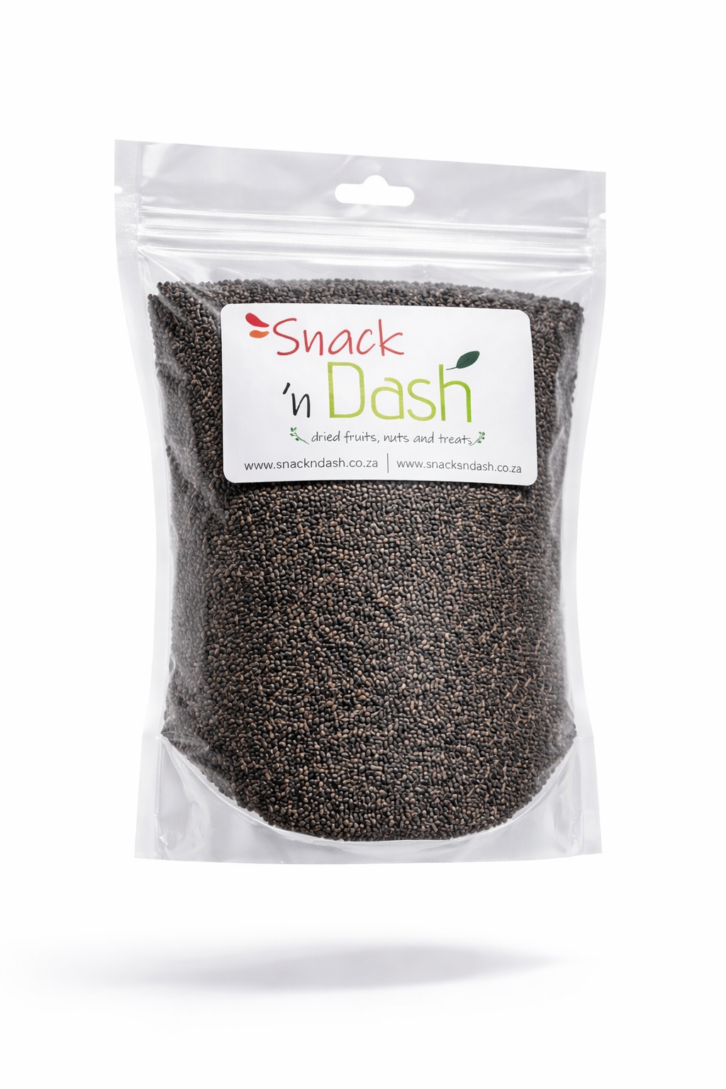 Black Sesame seeds Packaged with 'Snack n Dash' label on a white background