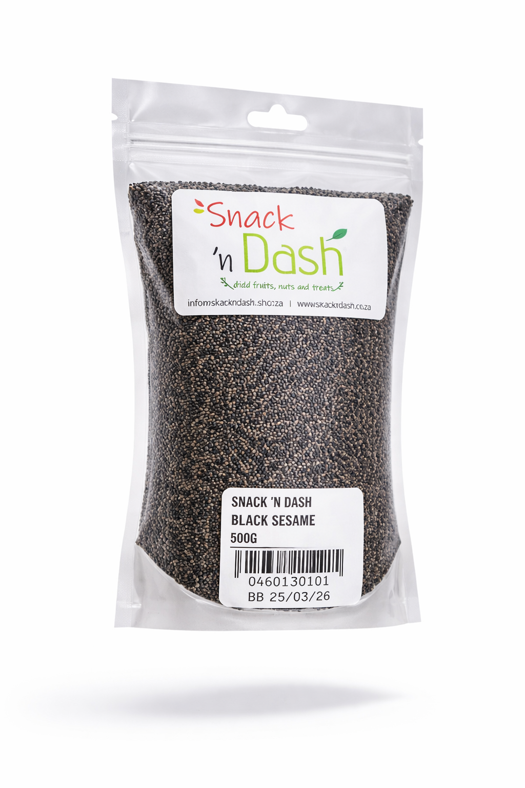 Packaged black sesame seeds with 'Snack 'n Dash' label on a white background