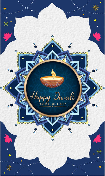 Happy Diwali card with decorative elements on a blue background