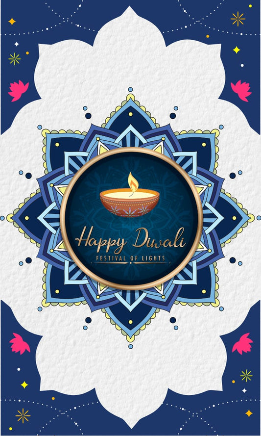 Happy Diwali card with decorative elements on a blue background