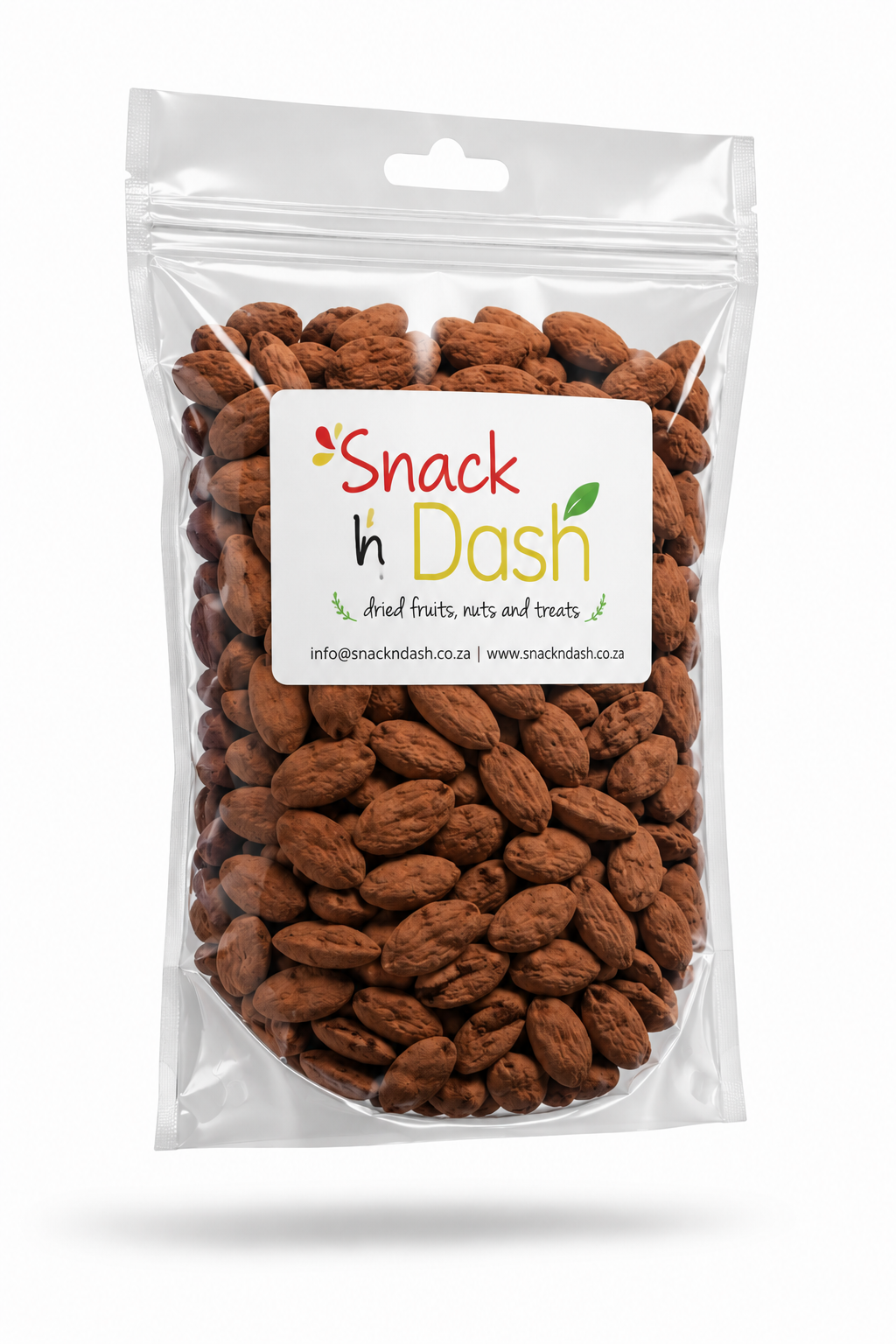 A clear stand-up pouch filled with brown almonds, featuring a white label with the Snack Dash logo, on a white background.