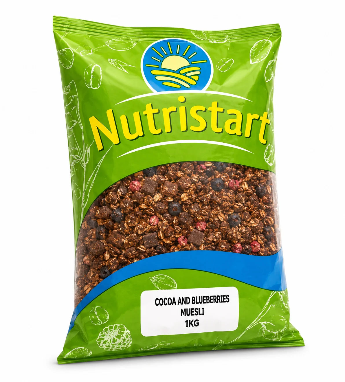 Green package of Nutristart Cocoa and Blueberries Muesli on a white background