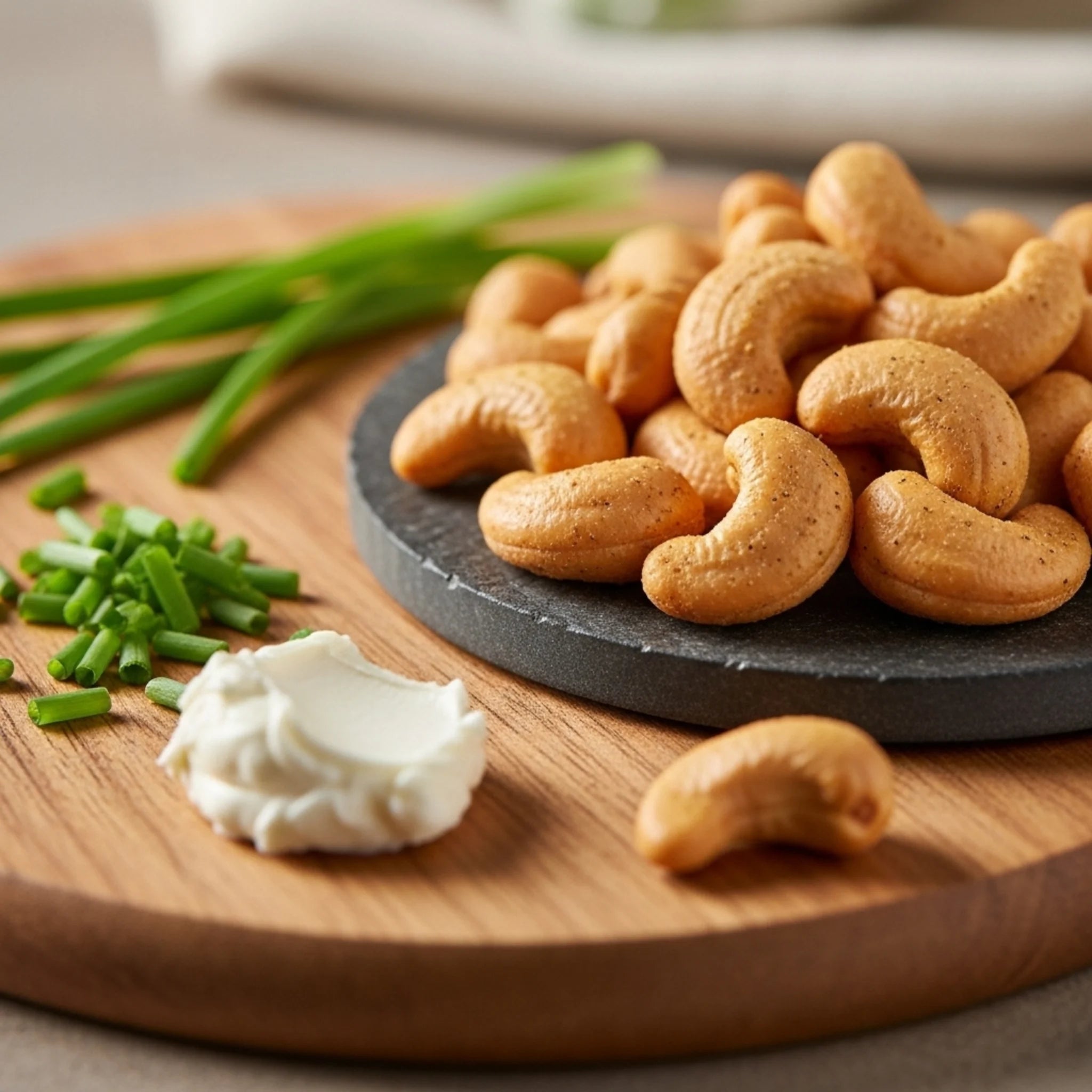 Cashews on a wooden board with green onions and cream cheese.