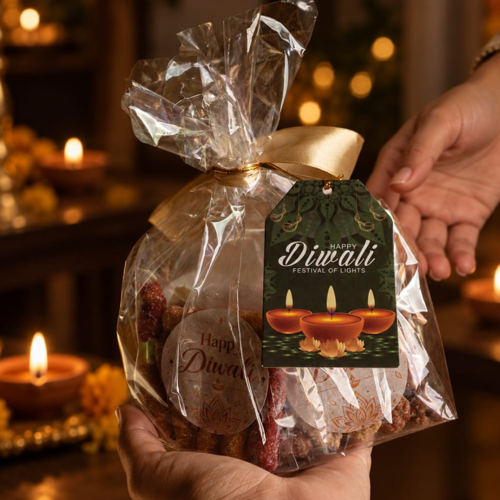 A Diwali gift bag filled with assorted sweets and snacks, wrapped in clear cellophane with a gold ribbon and a decorative 'Happy Diwali' tag, held by hands against a warm, candle-lit background.