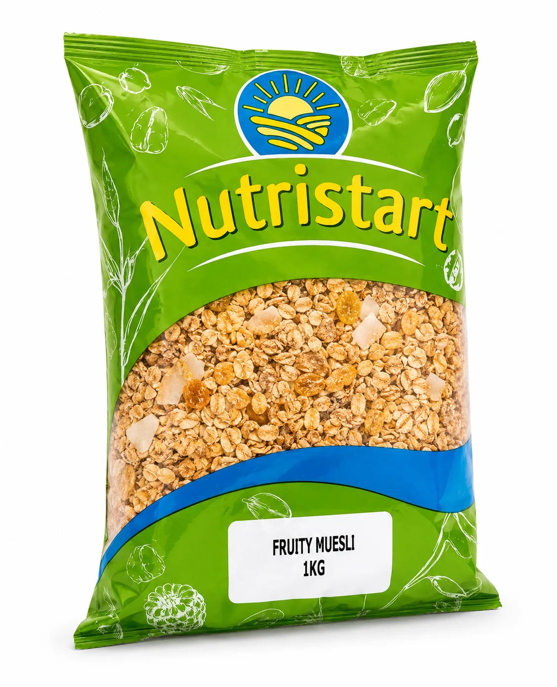 Green package of Nutristart fruity muesli on a white background