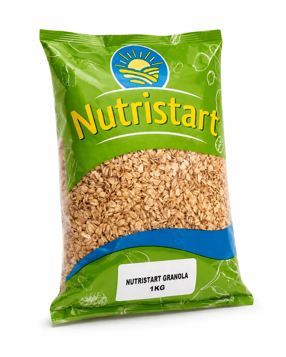 A 1kg bag of Nutristart Granola on a white background. The packaging is bright green with a blue and yellow Nutristart logo at the top, a clear window showing the golden-brown granola inside, and a blue wave design near the bottom.