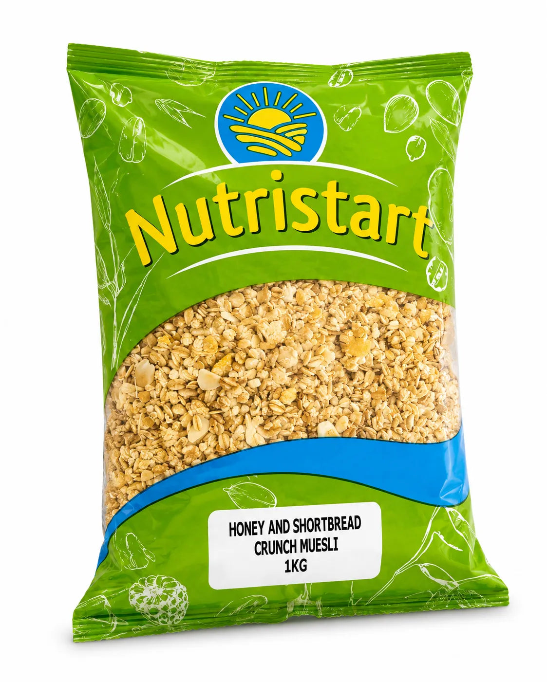 Green package of Nutristart Honey and Shortbread Crunch Muesli on a white background