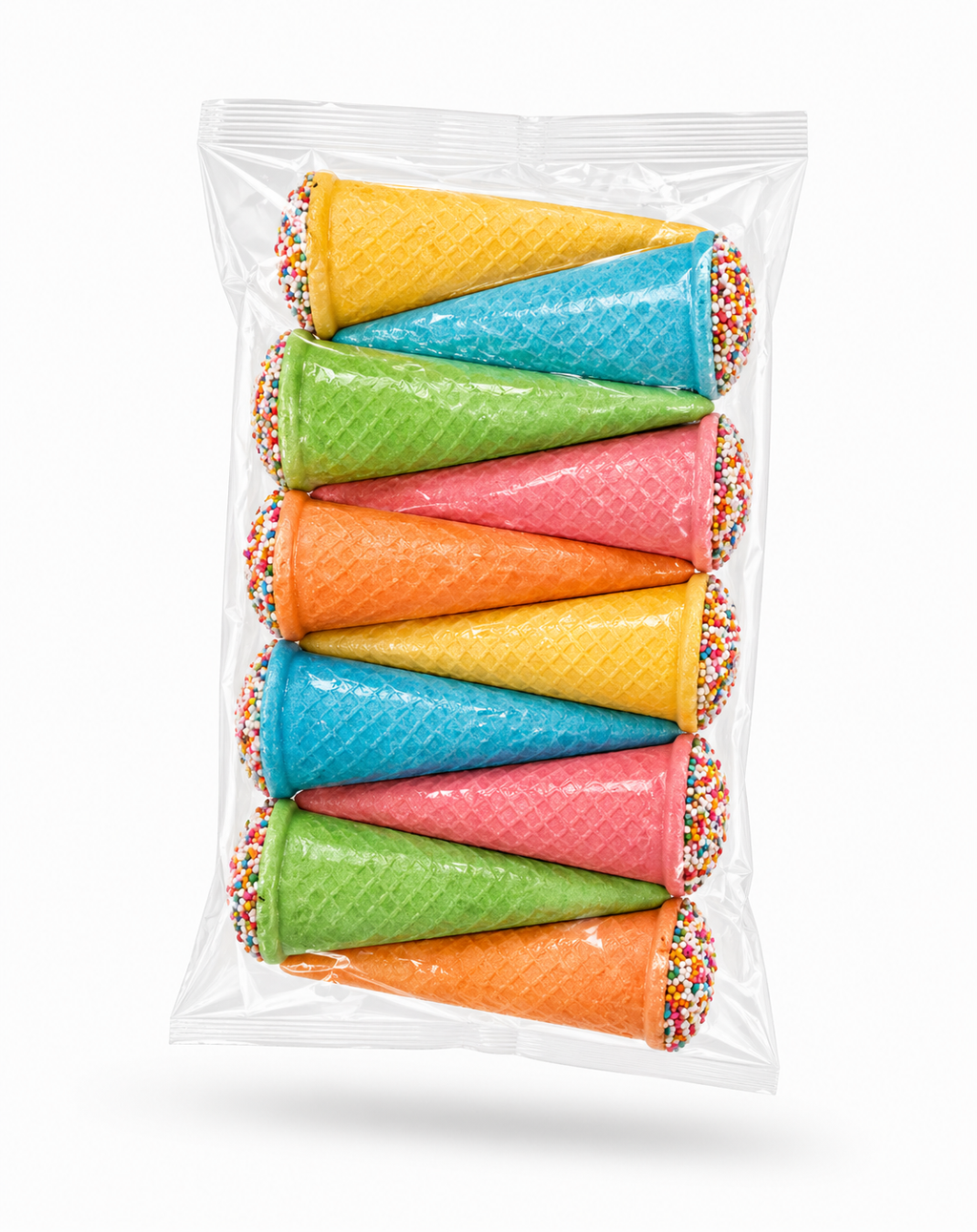 Packaged colorful ice cream cones with sprinkles on a white background