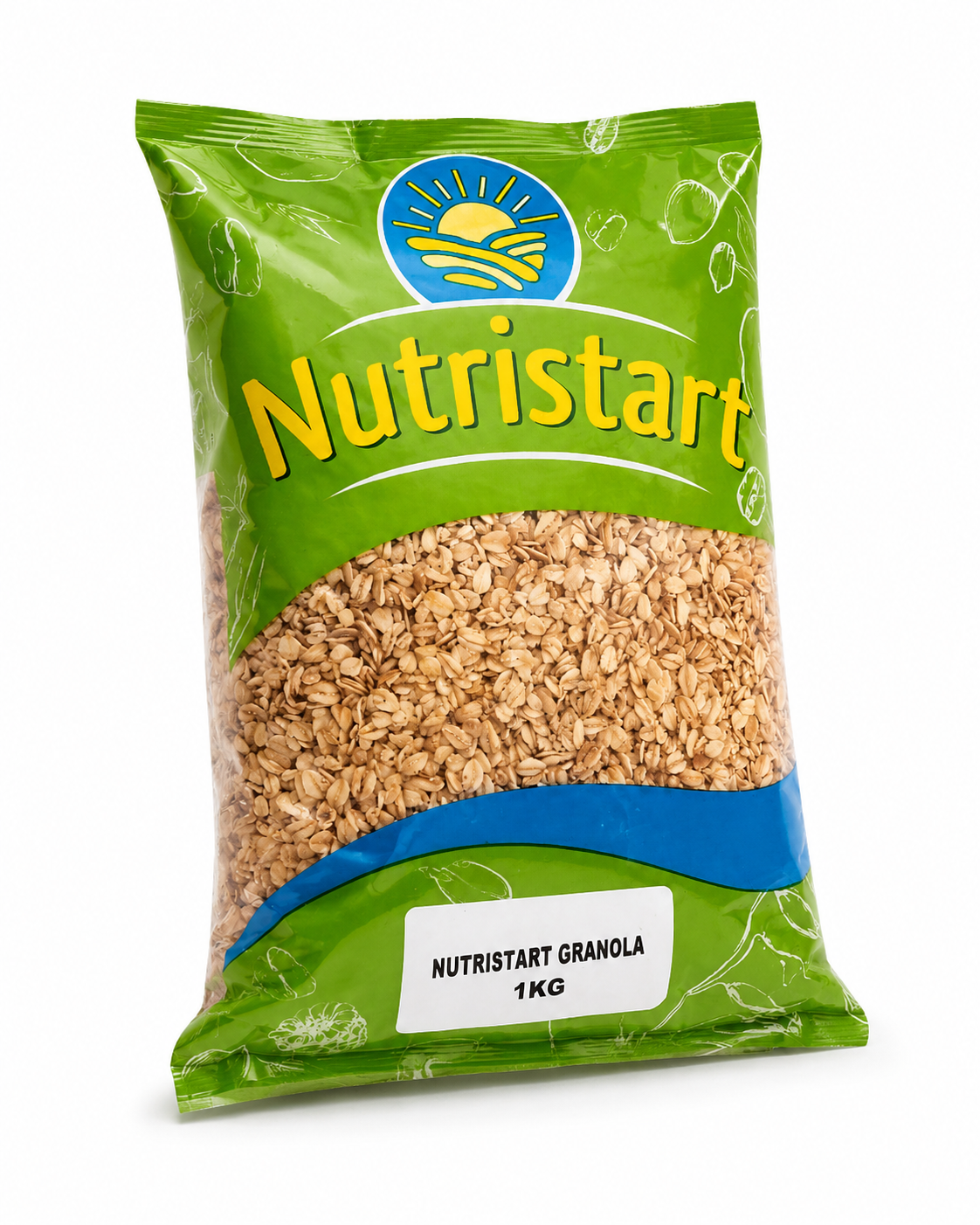 Green package of Nutristart granola on a white background