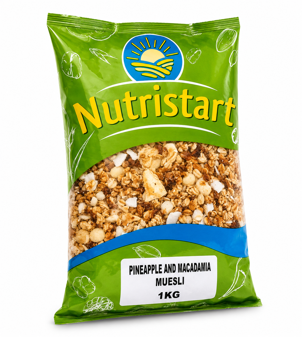 Green package of Nutristart Pineapple and Macadamia Muesli on a white background