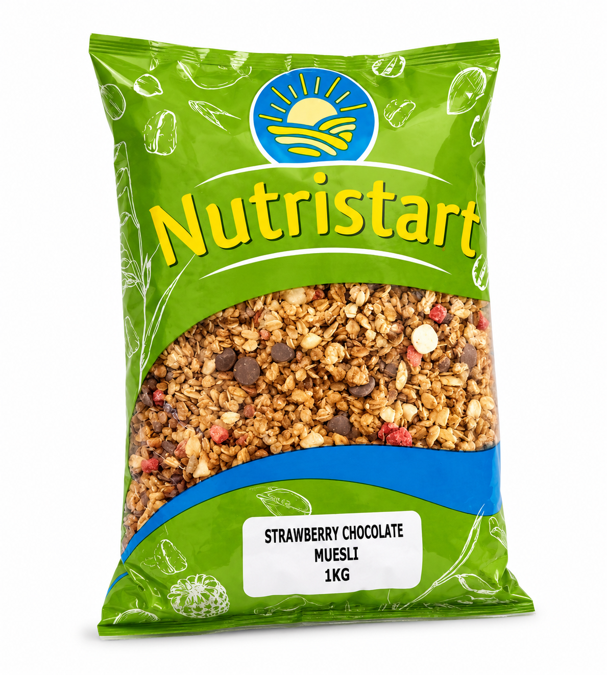 Green package of Nutristart Strawberry Chocolate Muesli on a white background
