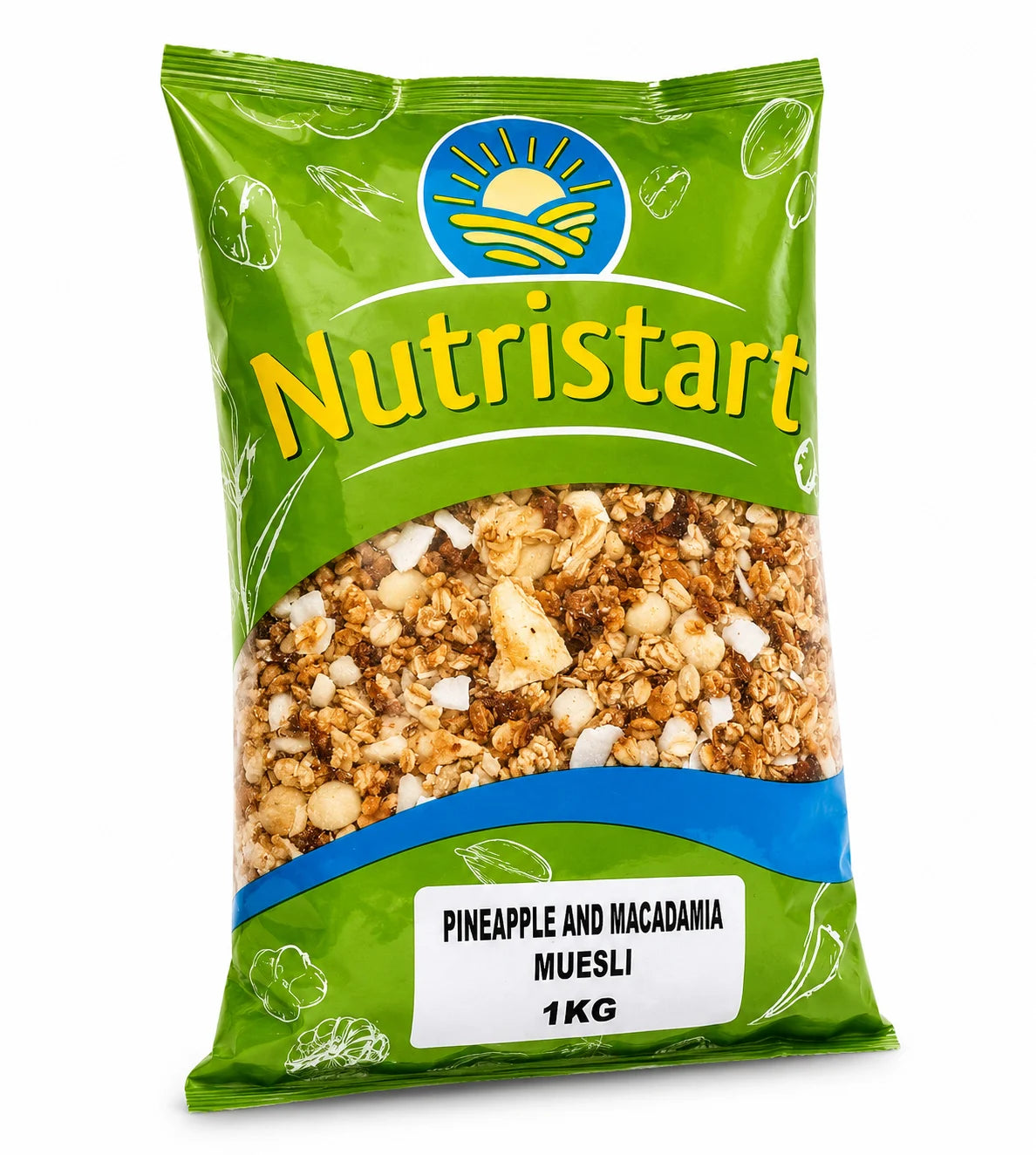 Green package of Nutristart Pineapple and Macadamia Muesli on a white background