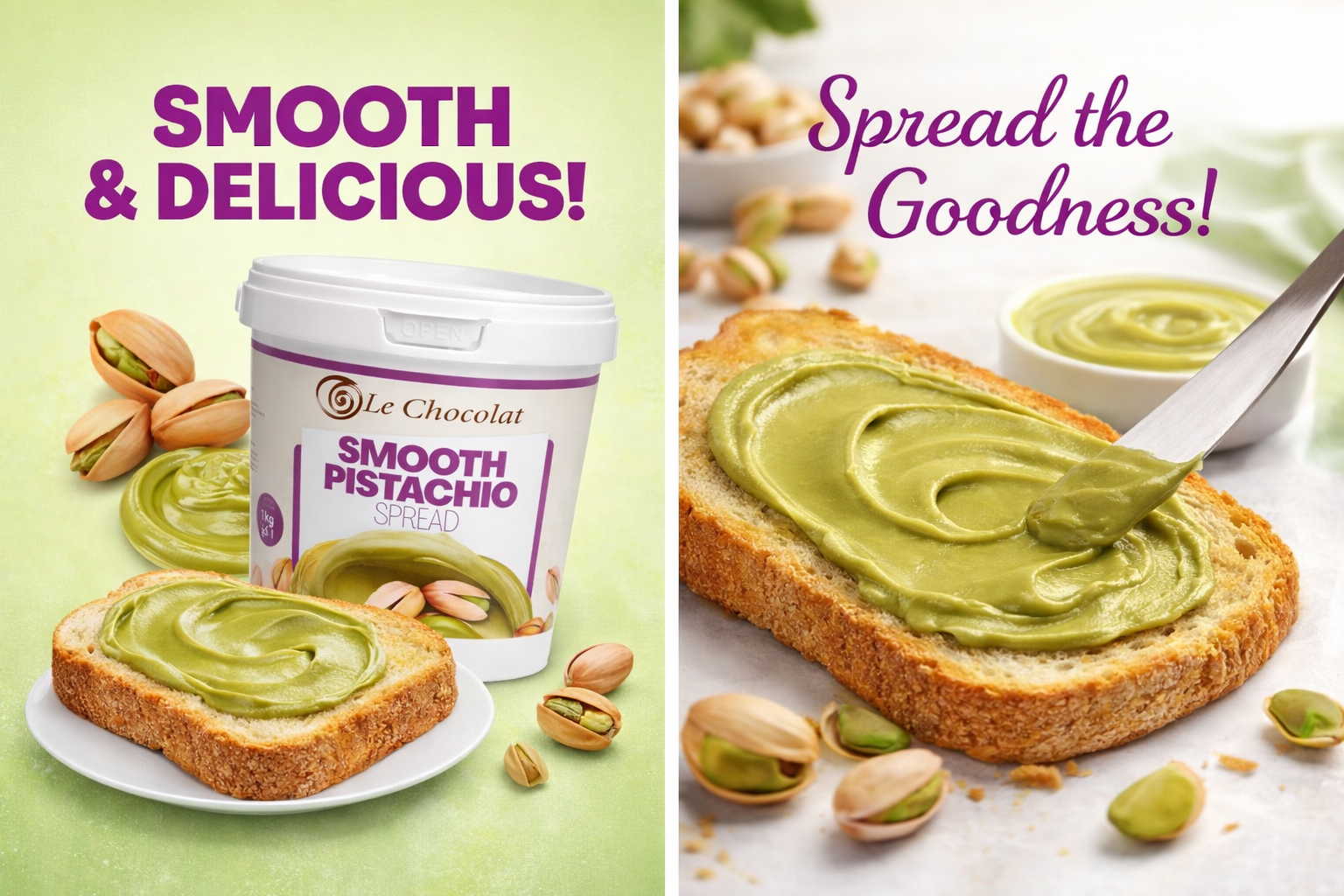 Le Chocolat Smooth Pistachio Spread advertisement showing a tub of the spread alongside a slice of toast spread with the green pistachio spread and scattered pistachios, with text reading 'SMOOTH & DELICIOUS!' and 'Spread the Goodness!'.