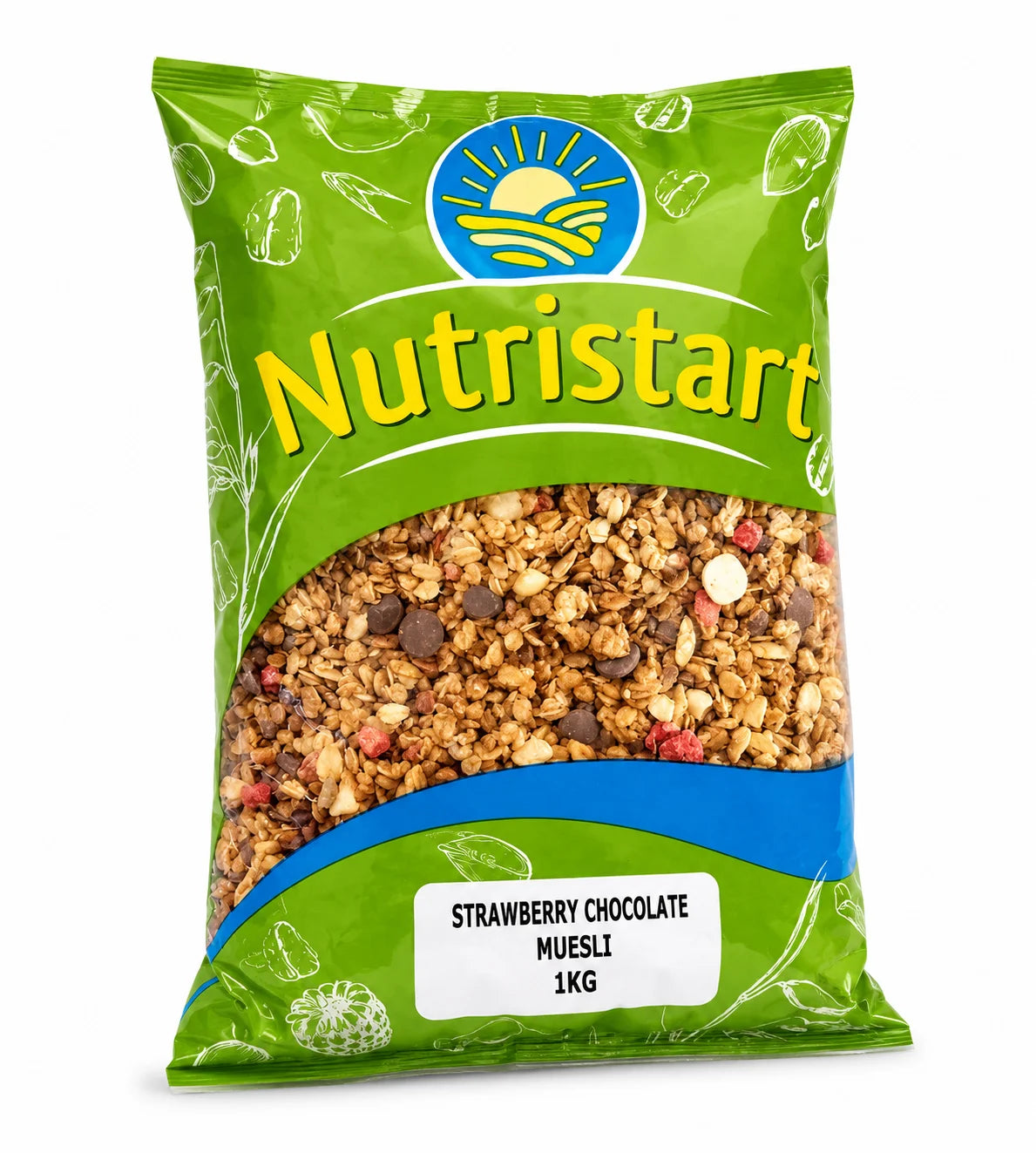 Green package of Nutristart Strawberry Chocolate Muesli on a white background