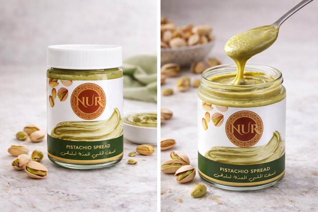 Nur Pistachio Spread jar with a spoonful of spread and pistachios on a light background