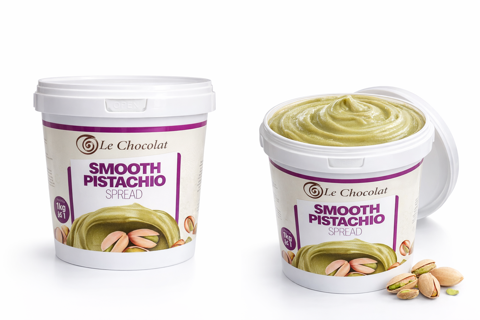Two containers of Le Chocolat Smooth Pistachio Spread on a white background
