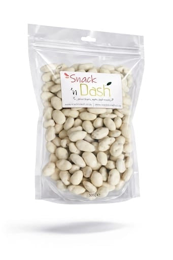 Milky Bar coated Almonds in a 1kg zip-lock bag with a white professional background